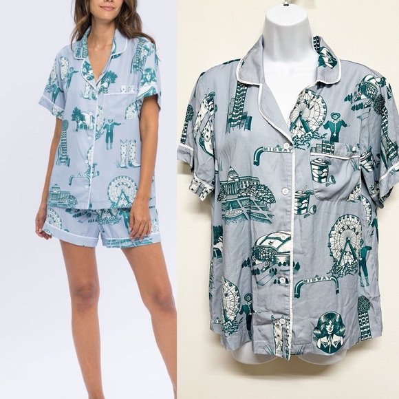 Katie Kime Womens Green Blue Dallas Themed Toile Short Sleeve PJ Top Size S - Picture 1 of 10